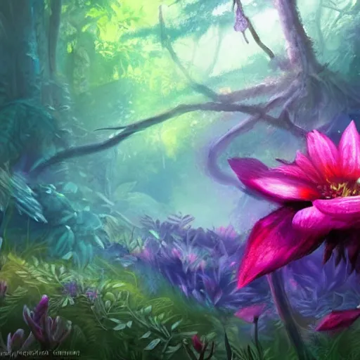 Prompt: hidden flower in dark forest, dense jungle, colorful flower, color palette, painting, mysterious, beautiful, magic the gathering, artstation award