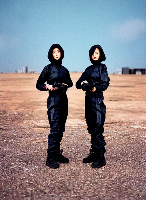 Prompt: cinestill 5 0 d photographic portrait of two clones, techwear women on a desolate plain, a brutalist metal building in the background, depth of field, 4 k, 8 k, hd, full color