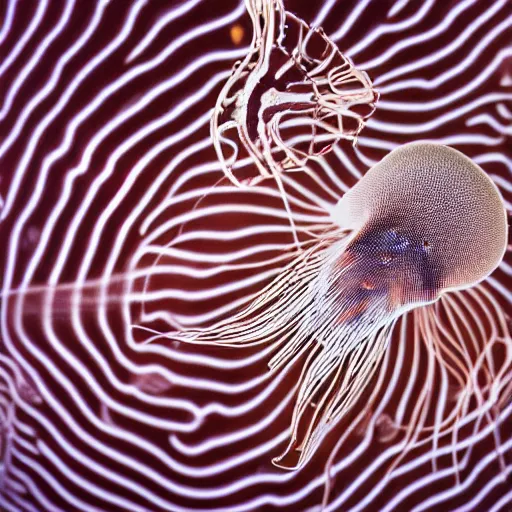 Prompt: A photogram from The First Video of an Extremely Rare Jellyfish Captures Its Striped Tentacles and Spotted, Pulsing Body, HDR, Hyper detailed