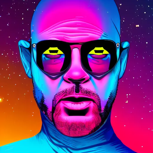 Image similar to portrait of a bald man, synthwave, universe background, nebula, galaxy, digital art