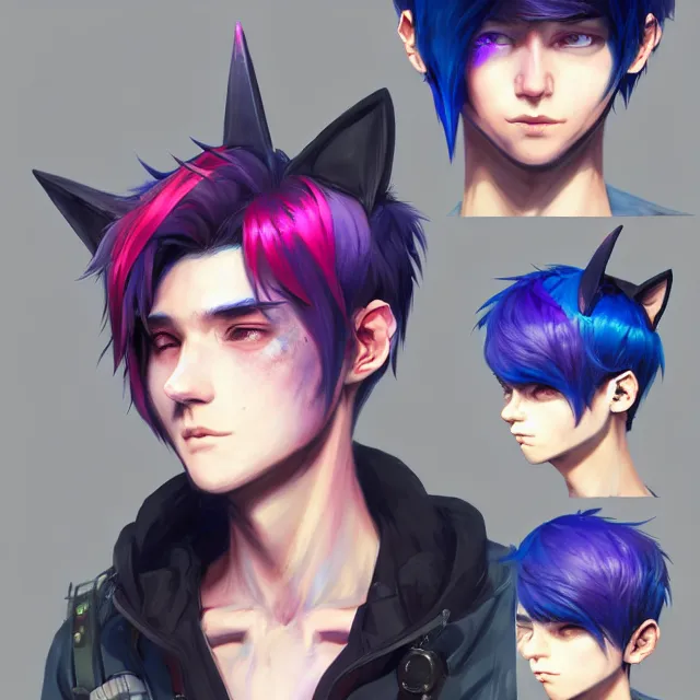 Image similar to character concept art of a cute cyberpunk boy with colorful hair and wolf ears and freckles | | cute - fine - face, pretty face, key visual, realistic shaded perfect face, fine details by stanley artgerm lau, wlop, rossdraws, james jean, andrei riabovitchev, marc simonetti, and sakimichan, trending on artstation