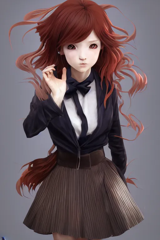 Image similar to Very complcated dynamic composition, realistic anime style at Pixiv, Zbrush sculpt colored, Octane render in Maya and Houdini VFX, young redhead girl in motion, wearing jacket and skirt, silky hair, black stunning deep eyes. By ilya kuvshinov, krenz cushart, Greg Rutkowski, trending on artstation. Amazing textured brush strokes. Cinematic dramatic soft volumetric studio lighting