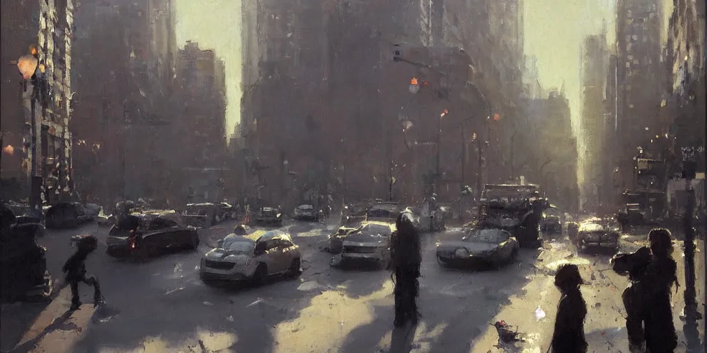 Image similar to street scene, morning sunlight, matt painting, painting by jeremy mann