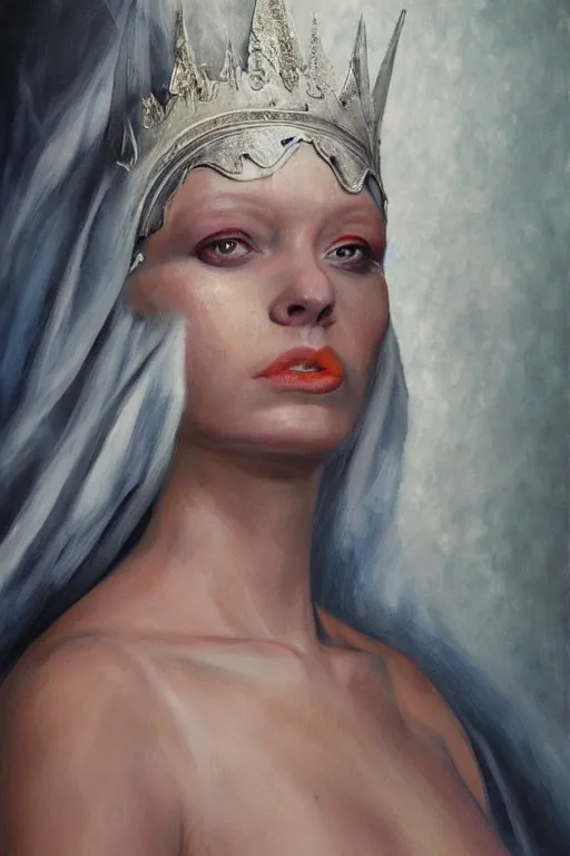 Prompt: hyperrealism oil painting, close - up portrait of albino queen medieval fashion model, knight, steel gradient mixed with nebula sky, in style of baroque