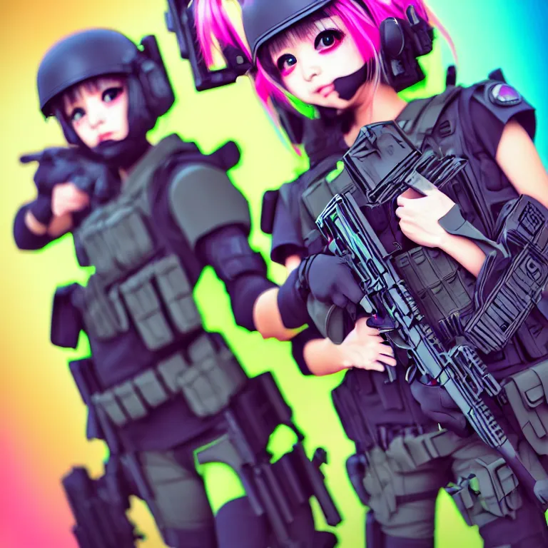 Prompt: kawaii swat team, colorful, fashion, photography, cute, highly detailed, realistic, depth of field