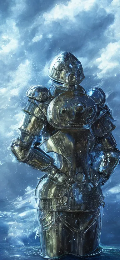 Image similar to suit of armor, made of water, made of liquid, rising up from ocean, water armor, high detail, high contrast, medium close up portrait, studio lighting, stormy seas, beautiful, bokeh, snowy, storm clouds, god rays, d & d, fantasy, elegant, aquamarine color palette, concept art, greg rutkowski and alphonse mucha