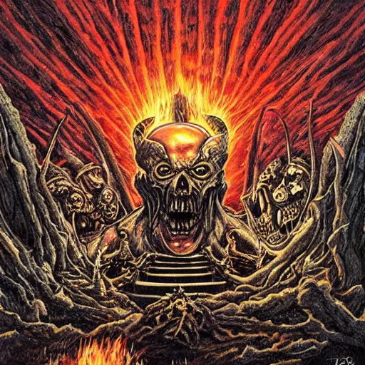 Prompt: the most metal place in hell, art by chris achilleos, doom metal