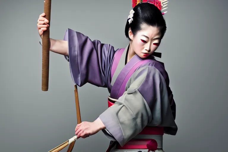 Prompt: beautiful photo of a geisha samurai warrior, mid action swing, muted pastels, action photography, 1 / 1 2 5 shutter speed, back lit lighting