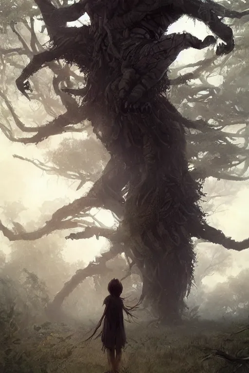 Image similar to a beautiful terrifying tree monster looms over a tiny human. at dawn, ethereal fantasy art by greg rutkowski