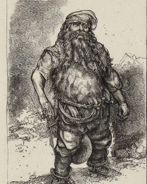 Prompt: an engraving of a tudor fantasy halfling dwarf miner by albrecht durer, gustave dore, highly detailed, lithoraph engraving, tatterdemalion