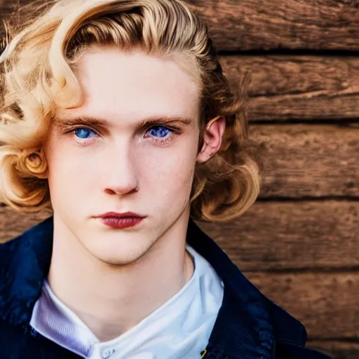 Image similar to close up of 2 1 year old man with wavy light blonde hair, blue eyes, pale complexion, wearing 1 9 5 0 s clothing, 8 5 mm f / 1. 4