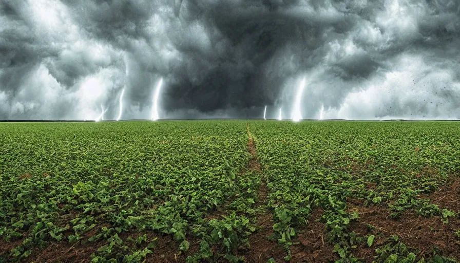 Prompt: a tornado rips through a farm field, digital art, highly detailed, realistic, bright colors, 8 k