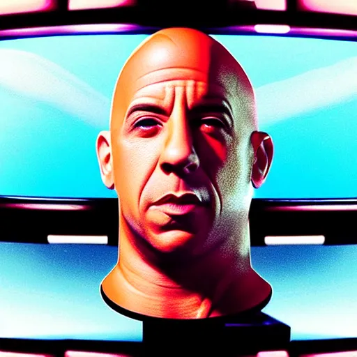 Prompt: vin diesel's disembodied detached head suspended floating inside a glass cylinder full of liquid, on top of a desktop computer with lots of wires coming out of it, zordon from power rangers, giant scale, with a crowd of tiny people, hyper - realistic, detailed, photorealistic, photographic, octane render, head in a jar, sci - fi