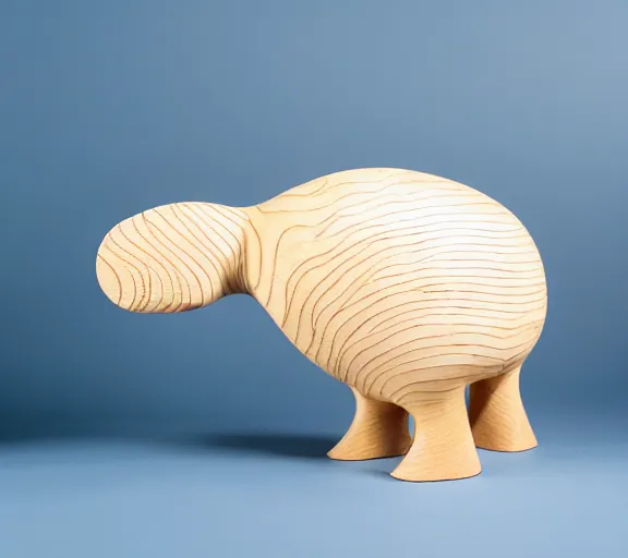 Image similar to a stylised minimalist pear shaped sculpture of hippo baby, bottom made half wood carved, top half blue translucid resin epoxy, cubic blocks stripes, side view profile centered, studio, white background
