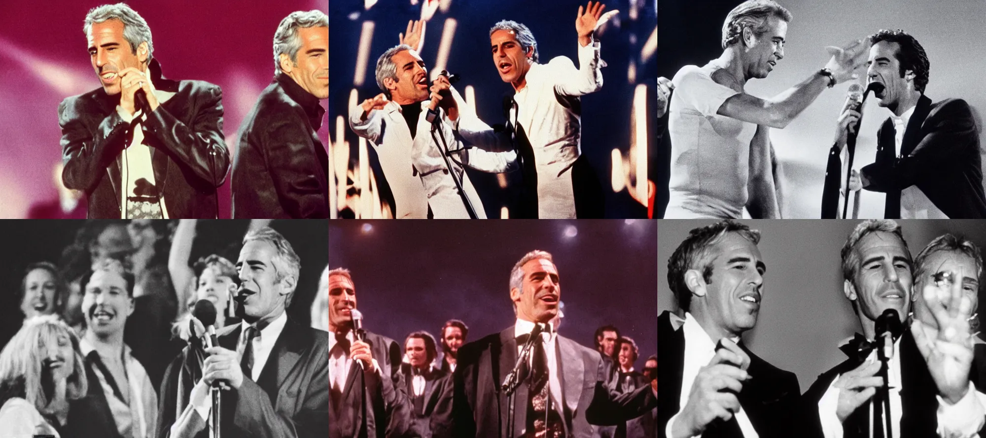 Prompt: Jeffrey Epstein singing passionately at the Eurovision Song Contest, cinémascope, epic ultrawide shot