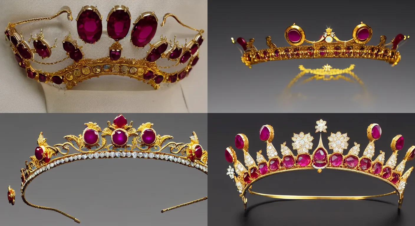 Prompt: a high quality photo of an ancient tiara (Sailor Moon), stamped gold and oval ruby, diadem, forehead jewelry, circlet, The Metropolitan Museum of Art