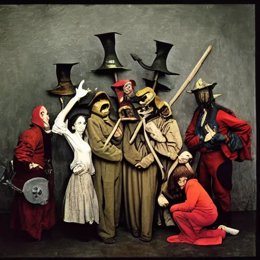 Image similar to 1 9 9 3 disposable camera color flash photo of a gang of plague doctors in the style of jan saudek, annie liebovitz, pieter bruegel the elder, joel peter witkin, gustave dore, heironymus bosch