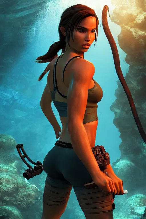 Image similar to lara croft underwater, bulging v neck with big chest, subway surrounded by fish, highly detailed, wide shot, intricate, fearful, mystical, sharp focus, Trending on Artstation HQ, deviantart, unreal engine 5, 4K UHD image