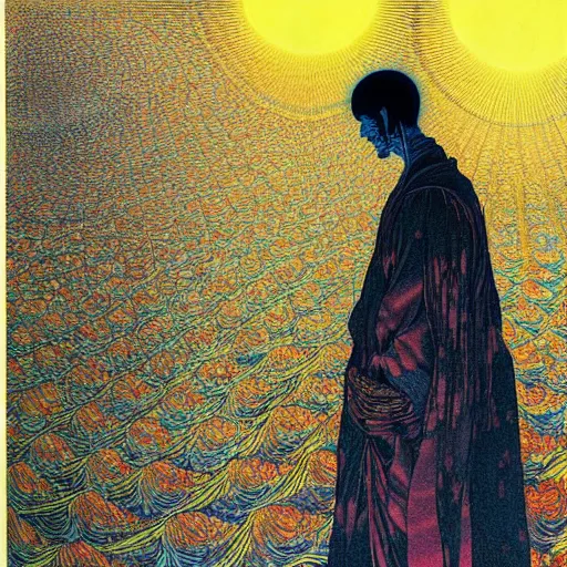 Prompt: the cult leader stands at the altar as sunlight pours into his open arms, high detailed jean giraud painting, by adrian ghenie and gerhard richter. art by takato yamamoto. masterpiece, deep colours.