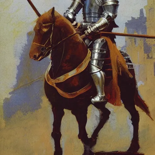 Image similar to portrait of medieval knight on horseback, with jousting gear by greg manchess, bernie fuchs, walter everett, lost edges