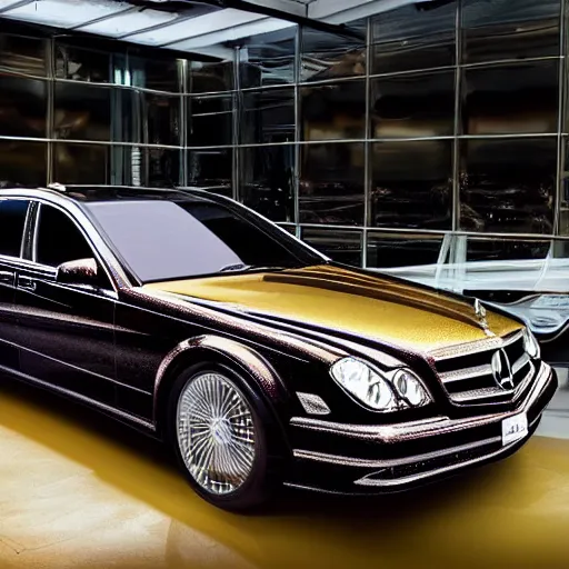 Prompt: an extremely luxurious golden mercedes adorned with diamonds