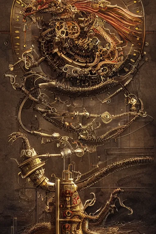 Prompt: illustration, single whole live dragon, old sick gold and crimsoned scaled asian style dragon on a brass plank of machinery with wires and gears and steam punk apparatus, matte painting, style of studio ghibli, concept art, featured in artstation and artgerm and pixiv, award winning, cinematic, 8 k