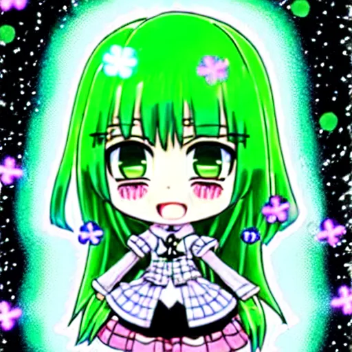 Image similar to a hologram of moe styled green haired yotsuba koiwai crossed fingers, wearing a gothic lolita decora spiked jacket, background full of lucky clovers and shinning stars, holography, irridescent