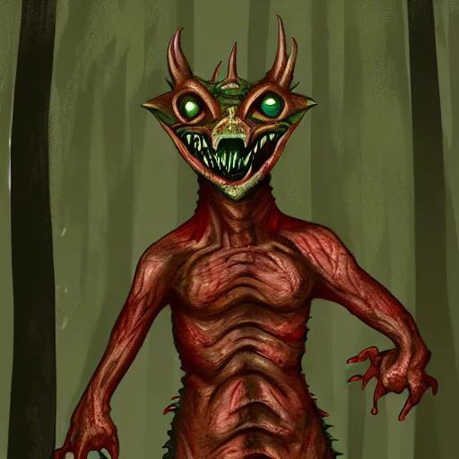 Image similar to big butcher anthropomorphic male lizardfolk posing scarily, scary angry pose, covered in blood, fresh kill, cleaver, in a forest, earie setting, lovecraft, eldritch, horror, hyperdetailed, furaffinity, deviantart, anthro art