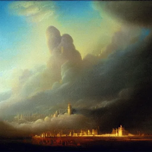 Image similar to a city in the clouds painted by john martin