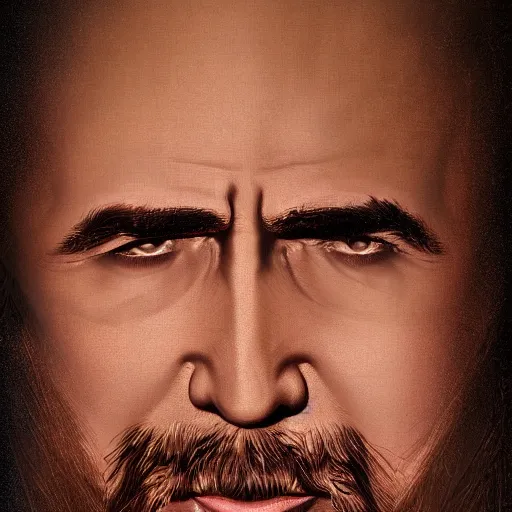 Image similar to a detailed digital art of an occult nicholas cage, 8k, ornate, award winning art, cgsociety, artstation, deep focus