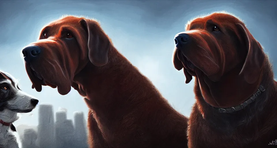 Prompt: a digital painting of a standoff between a very large dog facing a tiny dog, wide open drolling mouth, hyperealism, award winning, stunning, trending on art station, highly detailed, cinematic lighting, 8 k, hd