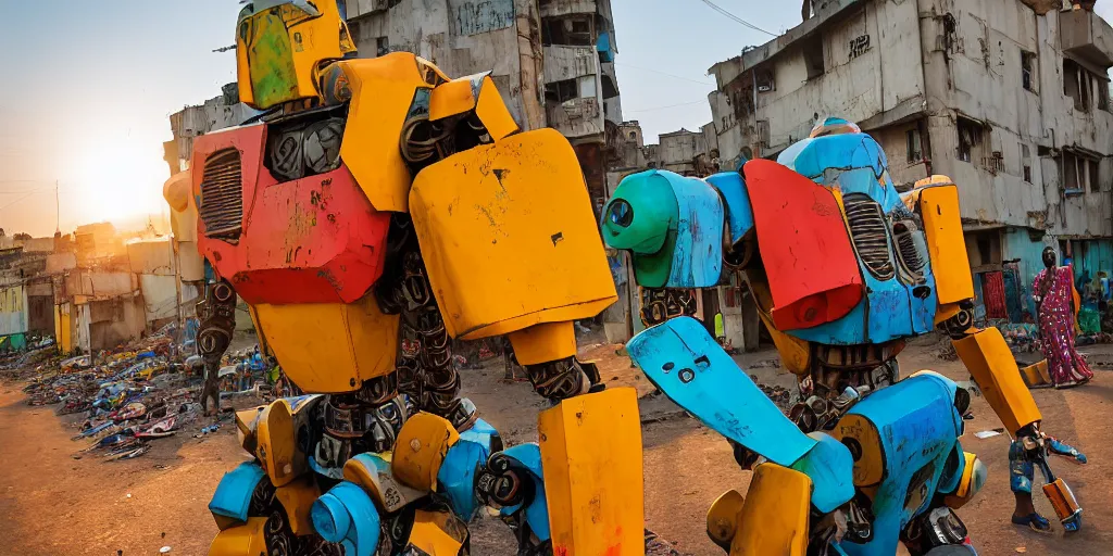 Image similar to colourful giant mecha ROBOT of AJEGUNLE SLUMS of Lagos, markings on robot, Golden hour,