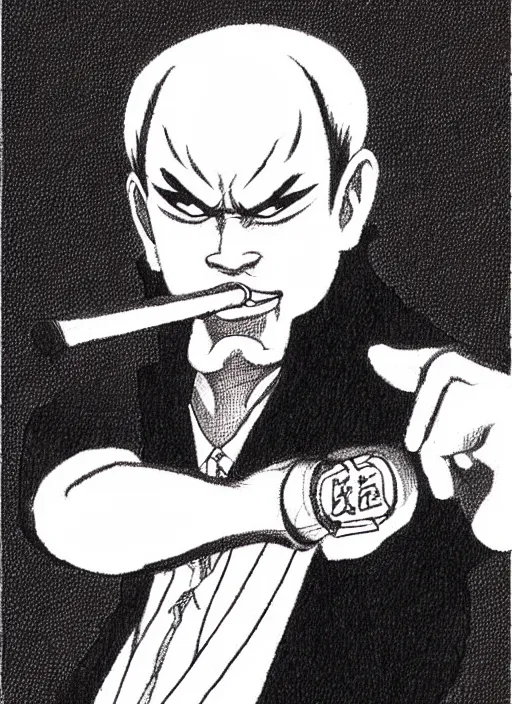 Prompt: manga illustration of heihachi mishima from tekken, dressed formally, smoking a cigar, drawn in the style of keisuke itagaki