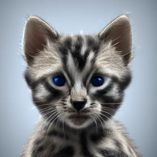 Image similar to photorealistic kitten. hyperdetailed photorealism, 1 0 8 megapixels, amazing depth, high resolution, 3 d shading, 3 d finalrender, 3 d cinematic lighting