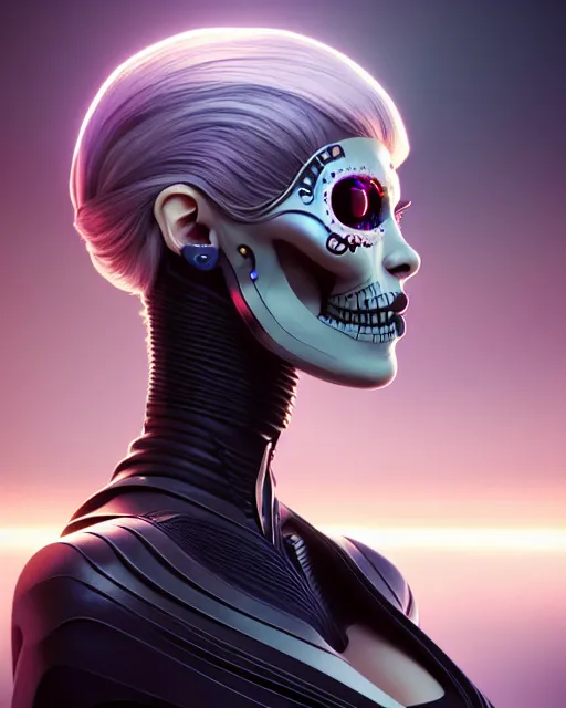 Image similar to side portrait of female android, sharp focus, sci - fi, fantasy art, digital illustration, dia de los muertos. octane render, unreal engine. concept art. art by artgerm and wlop and giger and greg rutkowski and rossdraws and alphonse mucha, 8 k