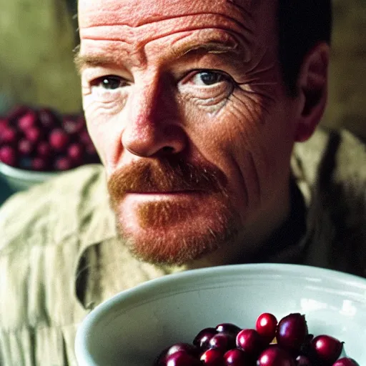 Image similar to tiny bryan cranston's body is a bowl of cranberries, head emerging from cranberries, submerged in cranberries, natural light, sharp, detailed face, magazine, press, photo, steve mccurry, david lazar, canon, nikon, focus