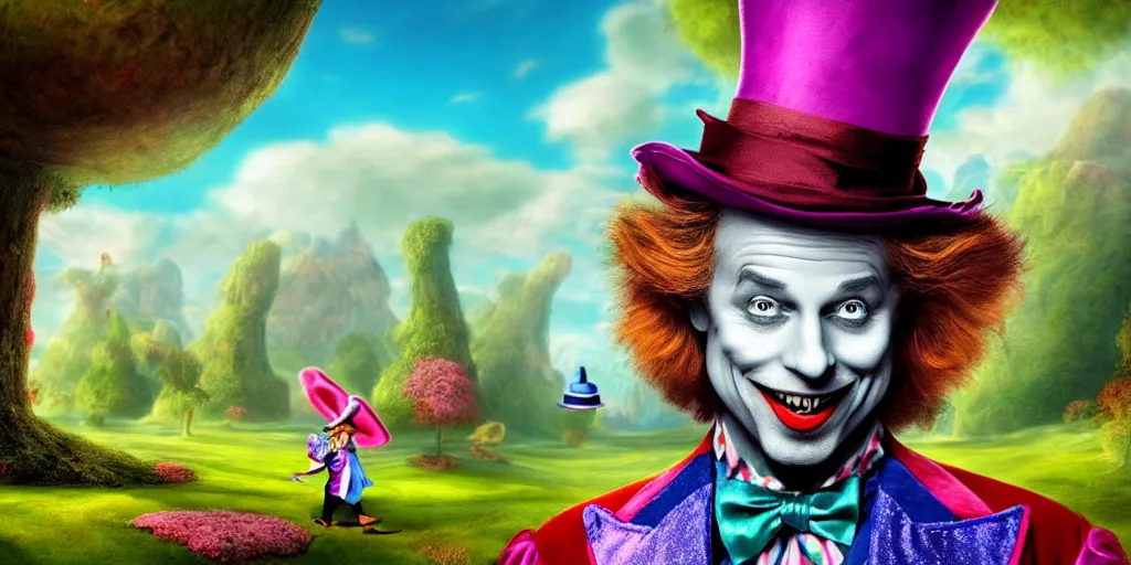 Image similar to The Mad Hatter landscape portrait, Alice in wonderland, colorful, wide angle, super highly detailed, professional digital painting, artstation, concept art, smooth, sharp focus, no blur, no dof, extreme illustration, Unreal Engine 5, Photorealism, HD quality, 8k resolution, cinema 4d, 3D, beautiful, cinematic, art by artgerm and greg rutkowski and alphonse mucha and loish and WLOP