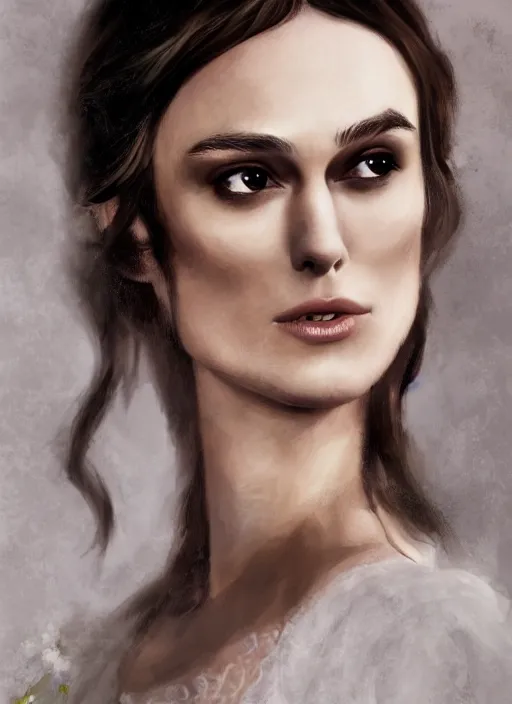 Image similar to a photograpic portrait of Keira Knightley, pride and prejudice, realistic, with kind face, dark hair, georgian dress, intricate, elegant, highly detailed, digital painting, smooth, sharp focus