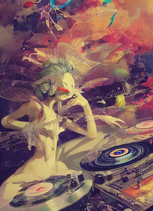 Image similar to surreal gouache painting, by yoshitaka amano, by ruan jia, by Conrad roset, by good smile company, detailed anime 3d render of a magical Dragonfly flying over a Mushroom on a DJ Mixer, Vinyl deck, controller, portrait, cgsociety, artstation, rococo mechanical and Digital and electronic, dieselpunk atmosphere