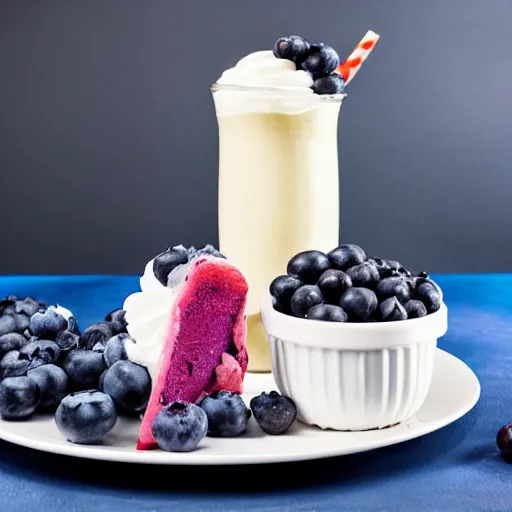 Image similar to delicious looking blueberry milkshake, blueberries on the side, whipped cream on top, 8 k resolution, professional food photography, studio lighting, sharp focus, center frame, hyper - detailed