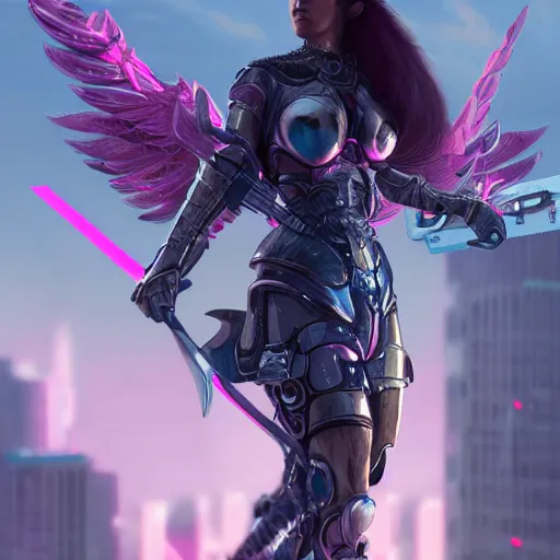 Image similar to cyberpunk valkyrie woman with wings made of metal and pink and silver armor, flowing hair, cityscape, protesting signs, fighting, artstation, realistic, high detail digital painting, artstation, style of Julia Razumova,