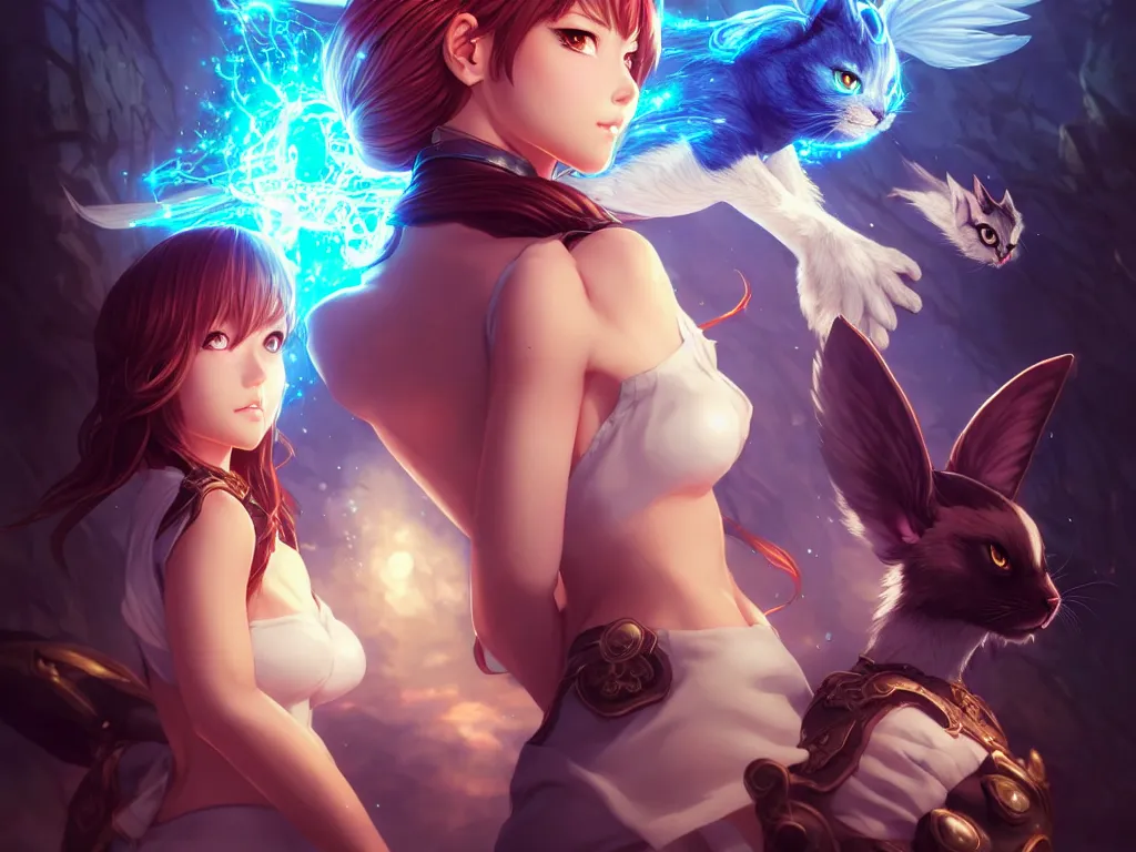 Image similar to lovely summoner girl with their magical animal companions, occlusion shadow, specular reflection, rim light, unreal engine, artgerm, artstation, art by hiroaki samura and ilya kuvshinov and ossdraws, intricate, highly detailed 8 k, fantasy illustration, extremely beautiful and aesthetic shape of face and clothes, movie poster