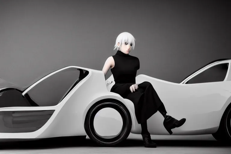 Prompt: Beautiful photograph of Yorha 2B sitting on a concept 1970s wedge car. 8k. Studio lighting.