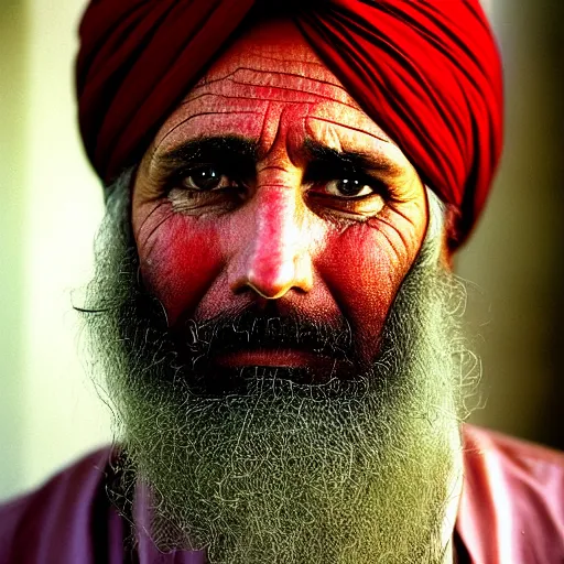 Image similar to portrait of president donald trump as afghan man, green eyes and red turban looking intently, photograph by steve mccurry