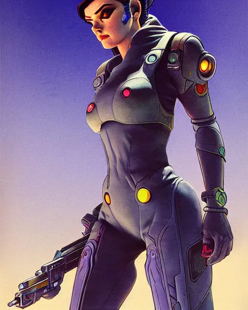 Image similar to widowmaker from overwatch, character portrait, portrait, close up, concept art, intricate details, highly detailed, vintage sci - fi poster, retro future, in the style of chris foss, rodger dean, moebius, michael whelan, and gustave dore