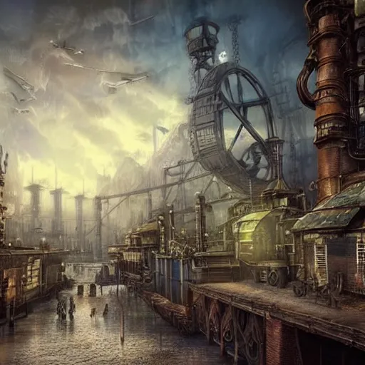 Prompt: beautiful steampunk landscape, industrial city, matte painting, blue colors