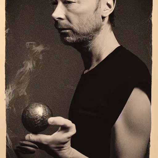 Prompt: Thom Yorke, Radiohead, holding the moon upon a stick, with a beard and a black jacket, a portrait by John E. Berninger, dribble, neo-expressionism, uhd image, studio portrait, 1990s