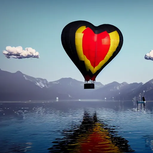 Image similar to photo of two black swans swimming in a beautiful reflective mountain lake, touching heads, forming a heart with their necks, a colorful hot air balloon is flying above the swans, hot air balloon, intricate, portrait, 8k highly professionally detailed, HDR, CGsociety, octane render, 4k