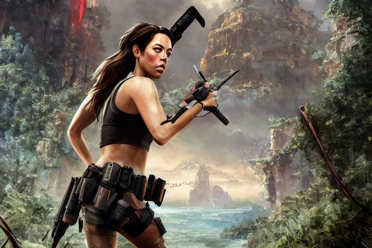 Image similar to film still of aubrey plaza as lara croft, an oil painting by ross tran and thomas kincade