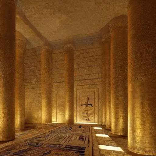 Image similar to an ancient egyptian room entirely made of gold, concept art, architecture design, pyramids, art by greg rutkowski